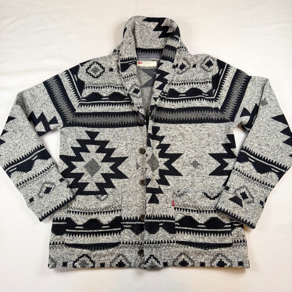 Levis Mens Southwestern Shawl Collar Cardigan Sweater Grey Black Geometric Large
